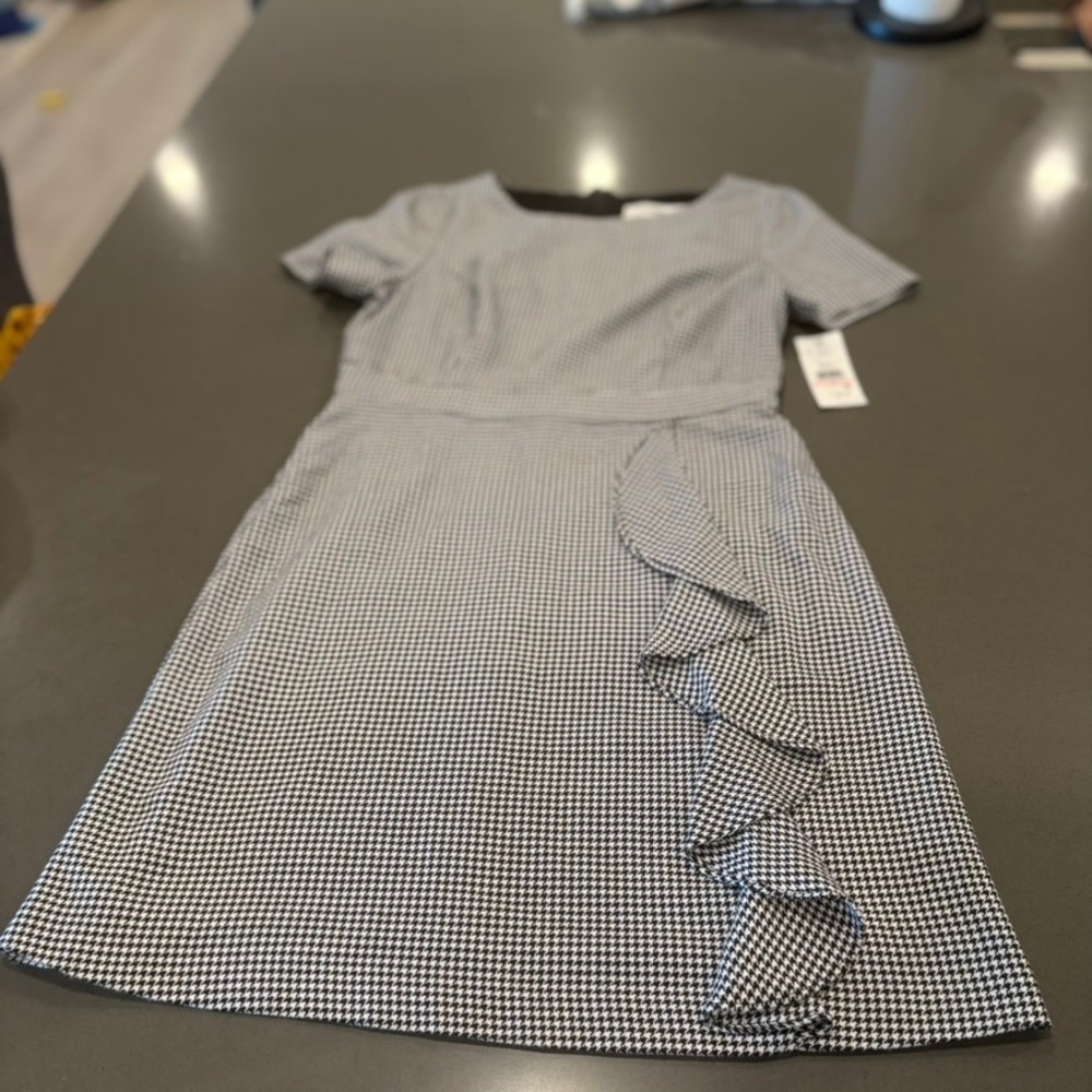 J Howard Black White Houndstooth Ruffle‎ Sheath Dress Womens 10 NWT Business